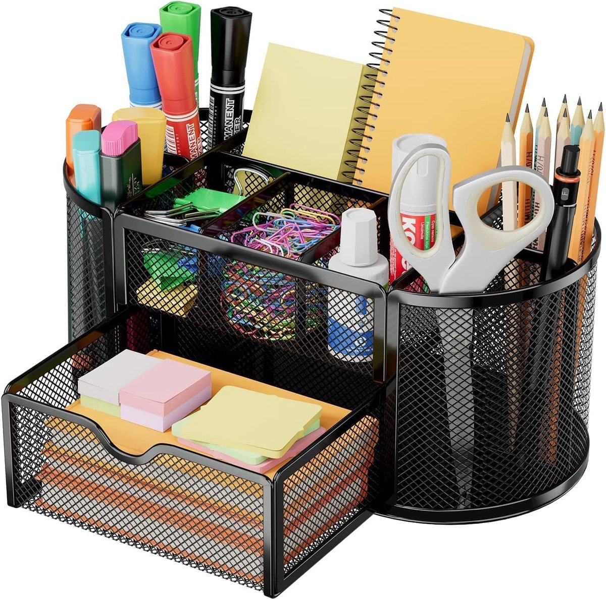 Metalen gaas bureau organizer - 4 vakken, voor pennen, nietjes en documenten