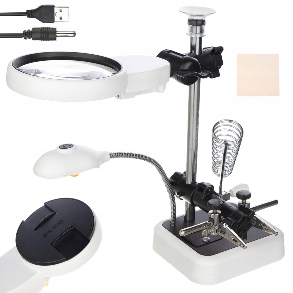 Helpende 3e Hand LUXE | Soldeer Hulp | USB | 6 x LED | 3.5, 5, 8, 8.5 en 11.5x Vergrootglas | Soldeerbouthouder