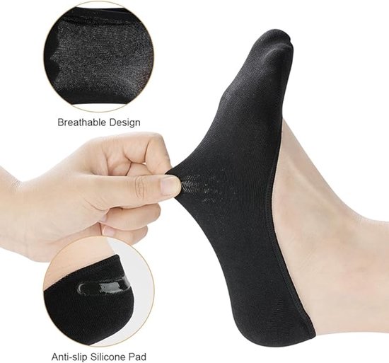 Zwarte onzichtbare sok met anti-slip siliconen pad aan de hiel en ademend ontwerp.