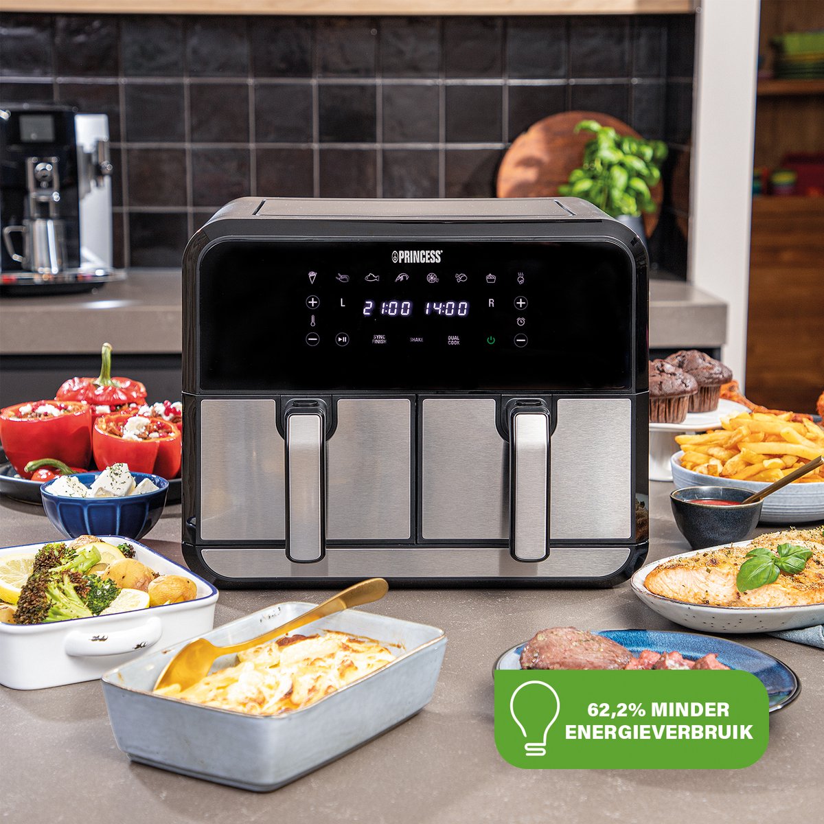 Princess Double Basket Airfryer 182074 - Dubbele Airfryer - 9 liter - 2 manden - XL - 8 programma's- 2400W - Dubbele heteluchtfriteuse - PFAS vrij - Touchscreen - RVS/Zwart - Sync functie — afbeelding 7