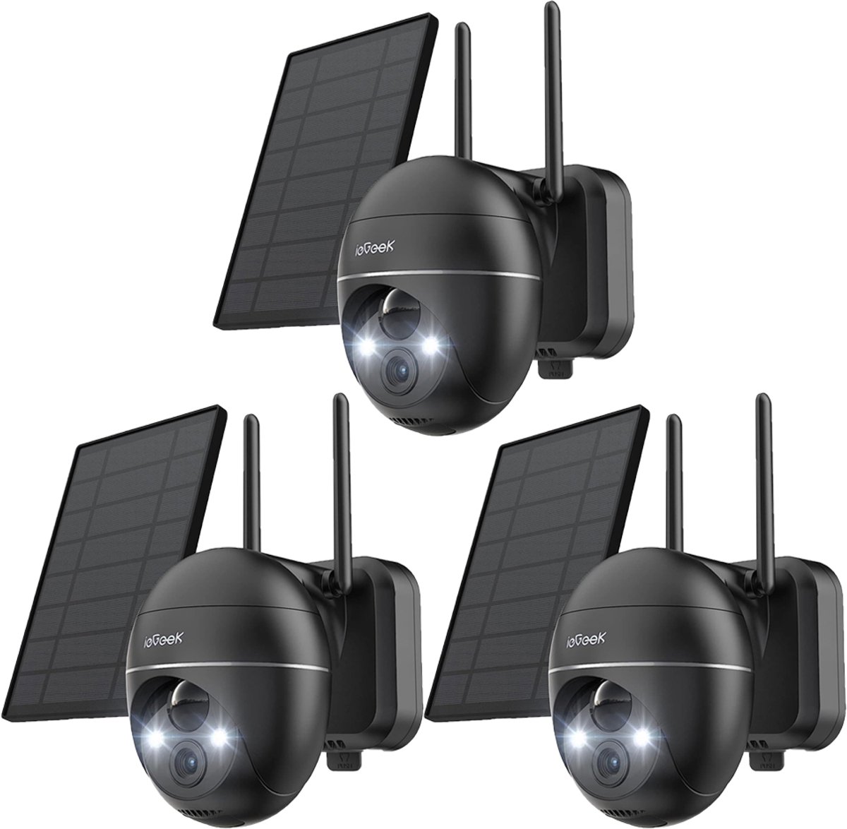 ieGeek Beveiligingscamera Draadloos Buiten – 2K Ultra HD - Camerabewaking - Bewakingscamera Voor Buiten - Buitencamera - Buiten Camera Met Nachtzicht - Oplaadbaar - Met WiFi en APP - Incl. Zonnepaneel - 360° PTZ - Zwart - 3Stuks