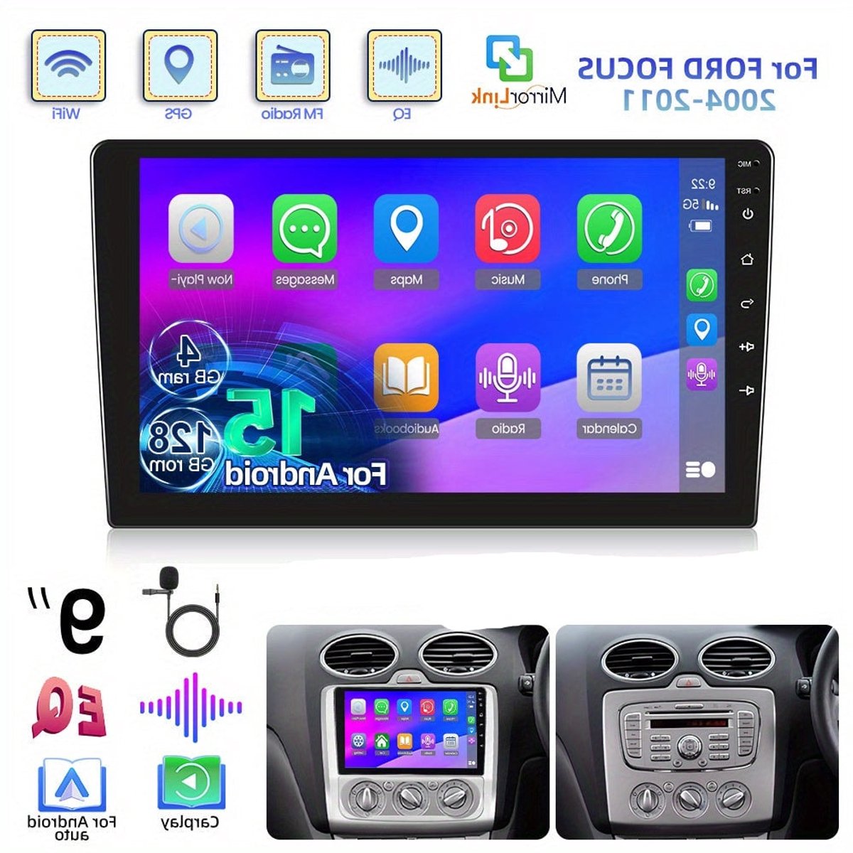 9-Inch Android Autoradio – Touchscreen Radio – Multimedia Systeem – Navigatie Unit – 2-DIN Radio – Draadloos CarPlay & Android Auto – GPS Navigatie Met Achteruitrijcamera