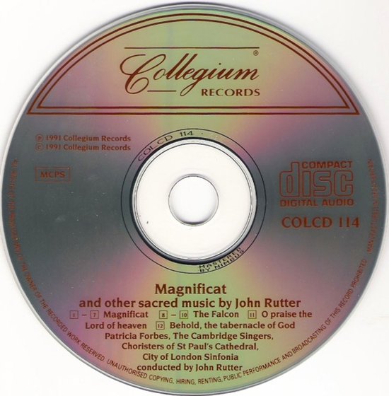 CD met het Collegium Records logo en de titel Magnificat met andere sacrale muziek door John Rutter. Stereo.