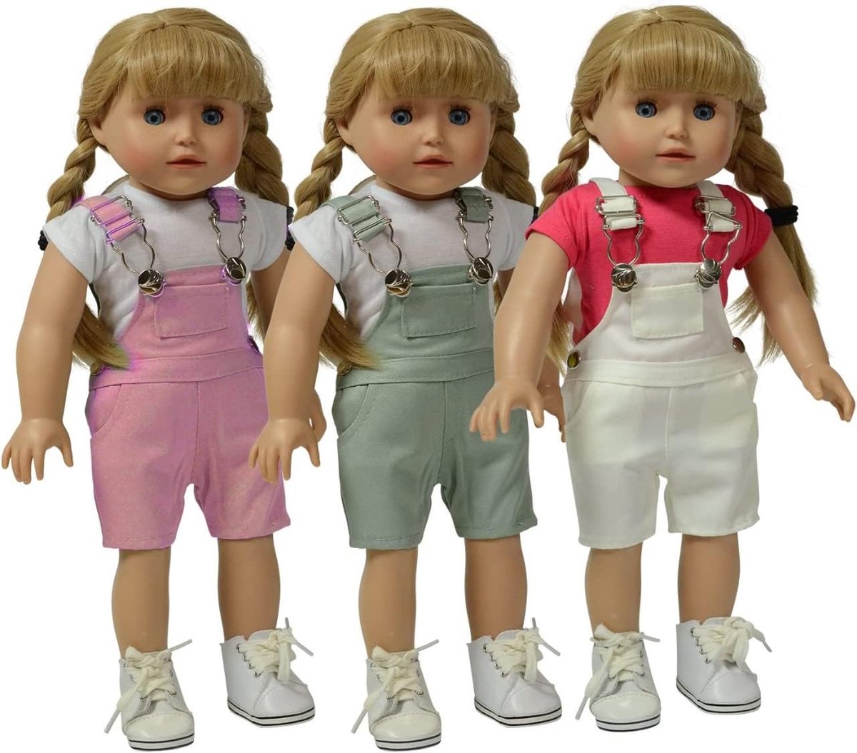 Set van 3 twill overalls voor 18 inch poppen - roze, grijs en wit