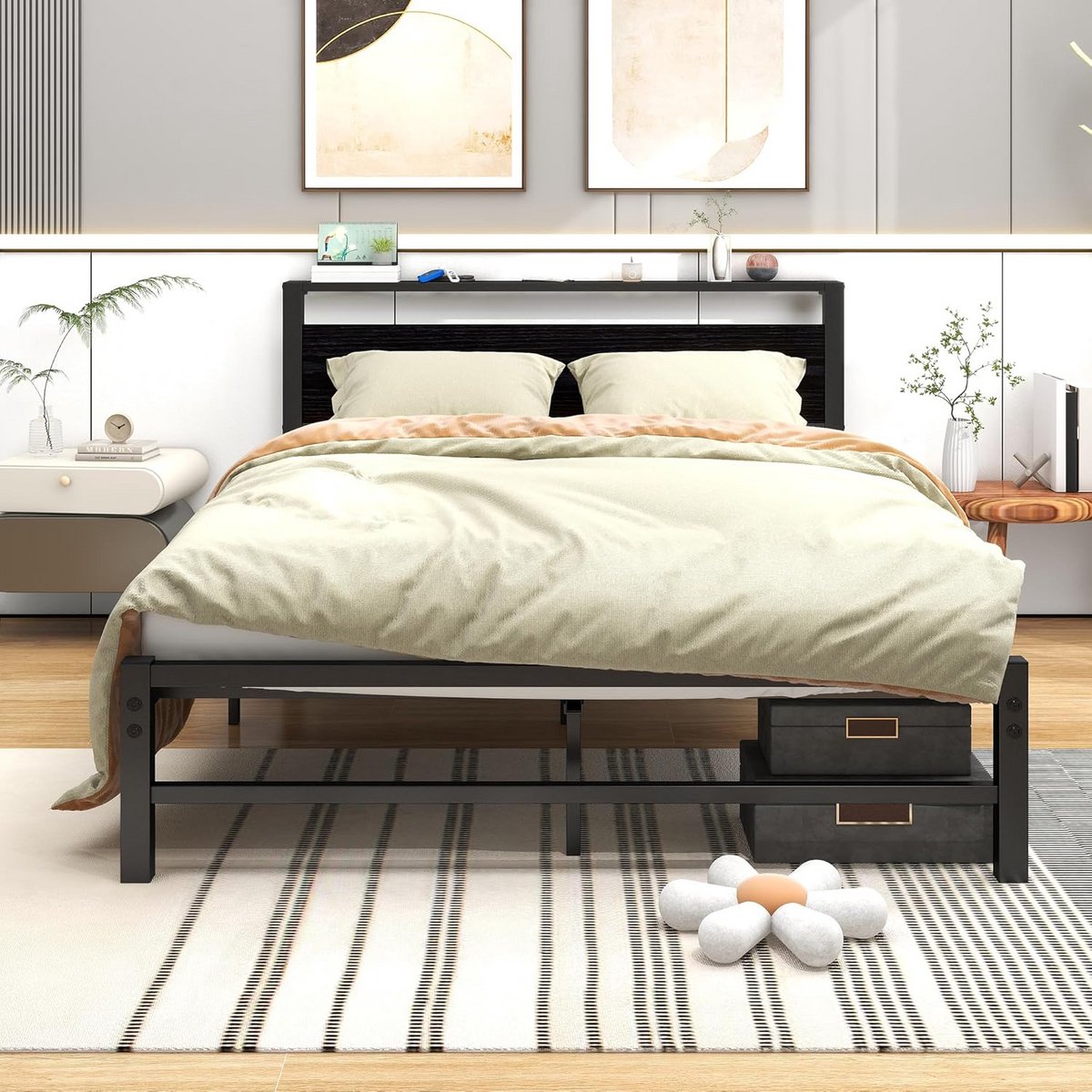 Metalen Bedframe - Platform Bed - Slaapkamer Inrichting - Met Houten Hoofdeinde - 120 x 200 cm - Zwart