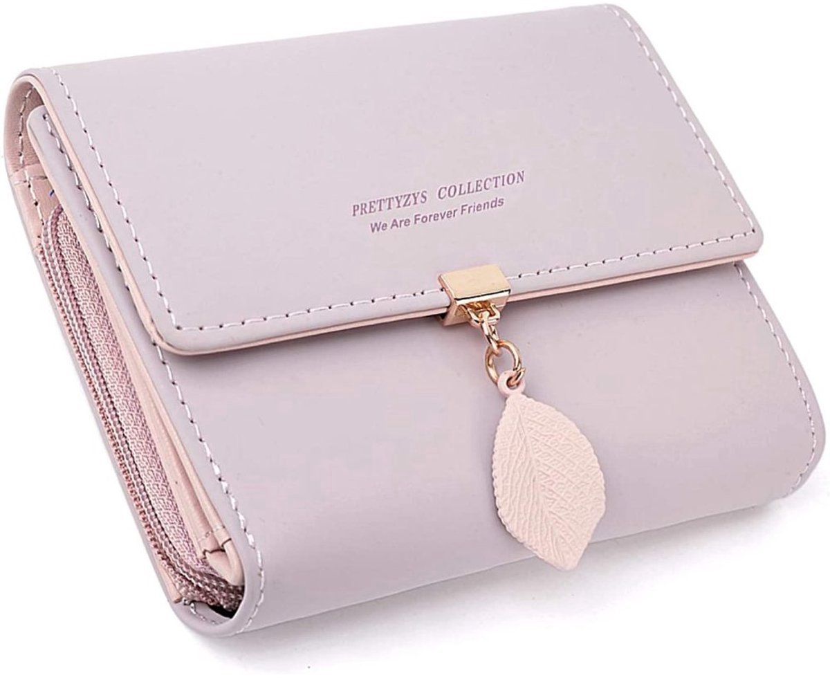 Dames Mini Portemonnee Van PU Leer - Lila Met Uniek Bladmotief - Hoogwaardige Kwaliteit Met Soepele Rits - Compacte Clutch Voor Dagelijks Gebruik En Feestjes