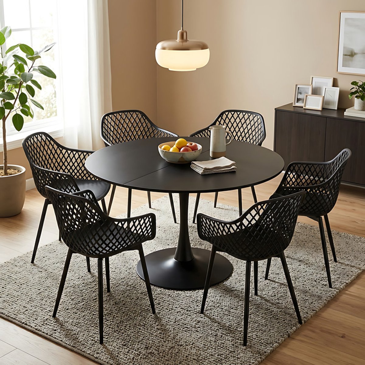 EGGREE eettafel en stoelenset - witte tafel Ø 100 cm met 6 stoelen - voor bar - kookeiland - café en eetkamer Zwart-R6BK