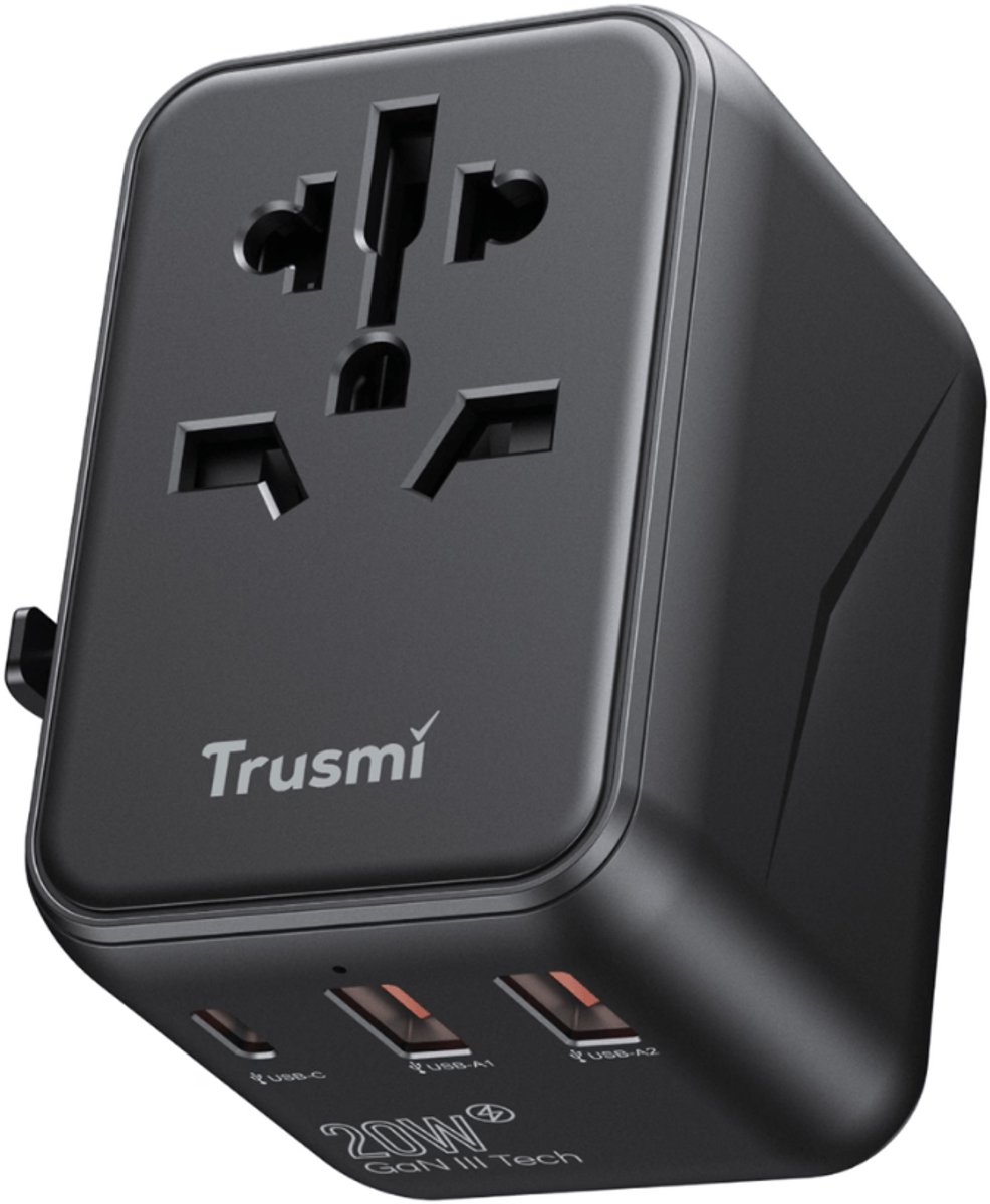 Trusmi | Universele Reisstekker | Wereldstekker voor 150+ Landen | 20W Snellader | 1x USB‑C & 2x USB‑A | Travel Adapter voor USA, UK, EU, AU, Azië & Afrika | Zwart