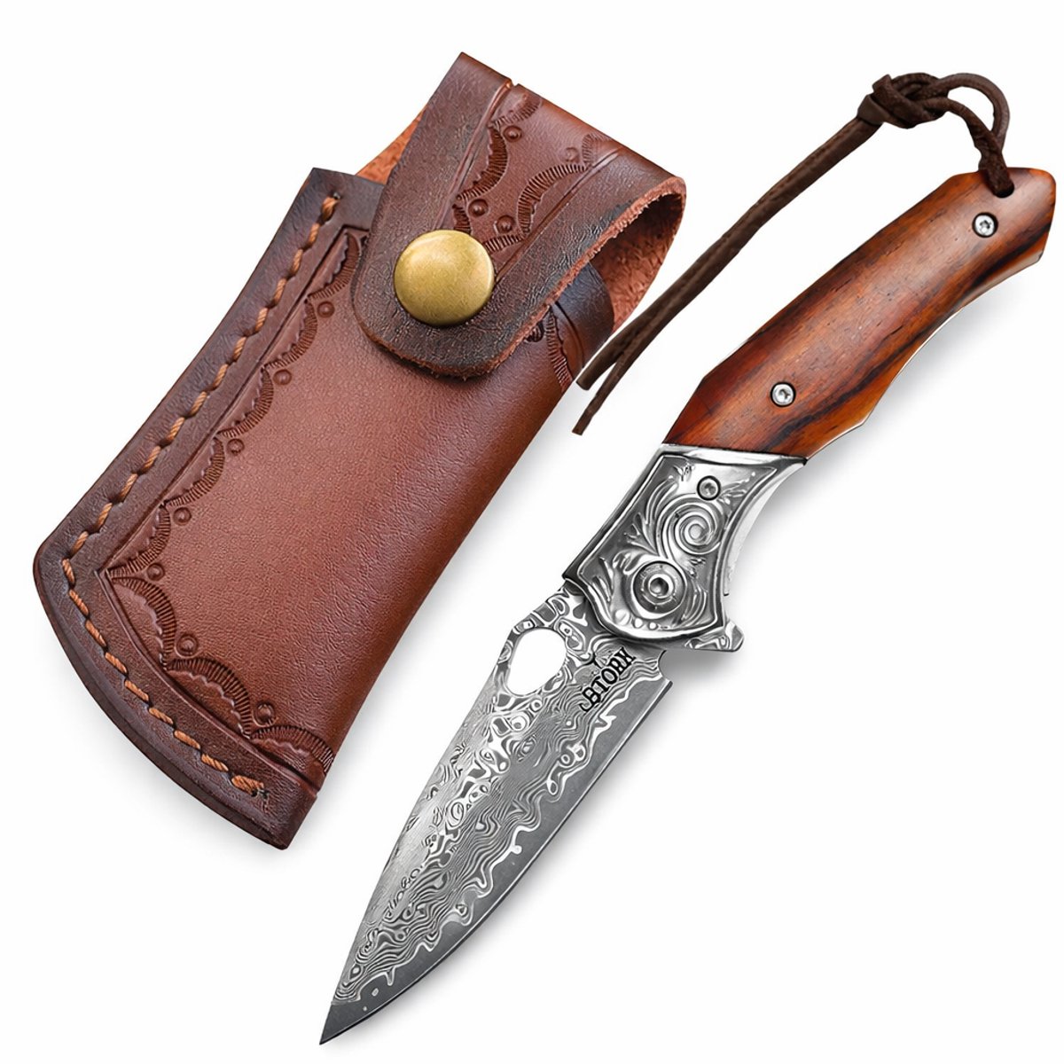 Cover van Zakmes Damascus met leren hoes - Damascus staal - Survival - Outdoor Mes - Pocket Knife - Vlijmscherp - Zakmessen - Houten handvat - Stoer - Kampeer mes - Hunting Knife - Kamperen - 18cm - Cadeau Tip
