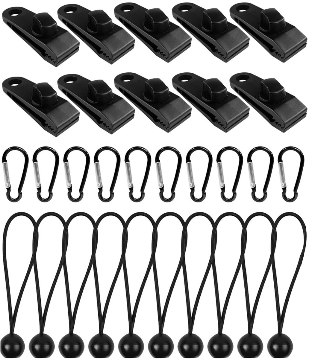 EXCITAT Zeilclips - Zeilbevestigingen - Tentzeilclips - 10 stuks zeilclips + 10 stuks nylon tentbungeekoorden + 10 stuks karabijnhaken - voor hangmat, kamperen, picknicken, wandelen - Set van 30