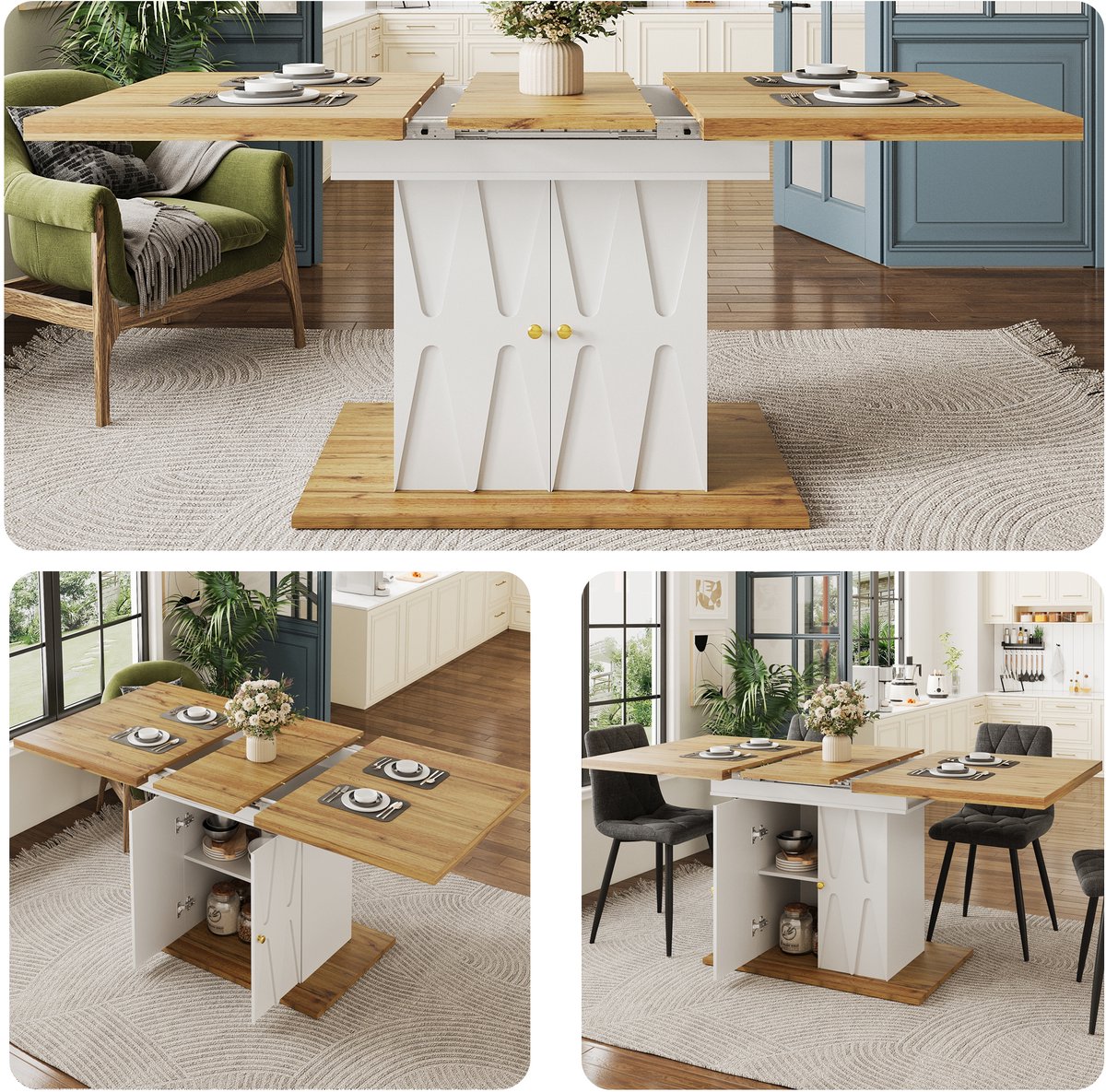 Eettafel - 110-140 x 70 x 76.5 cm - Uitschuifbare Tafel met Reliëfdecor - Houtfineer - Houtkleur