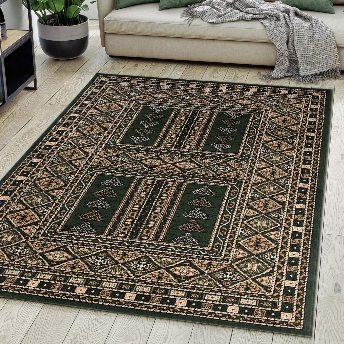 Oosters Vloerkleed Groen Met Klassiek Patroon - Kortpolig Tapijt Woonkamer 160x230 cm - Hy
