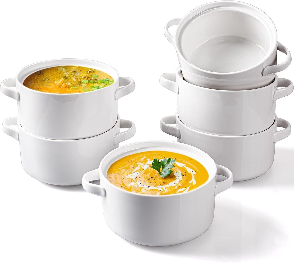 Set van 6 Grote Keramische Soepkommen met Handvatten - 700 ml - Magnetron & Ovenbestendig