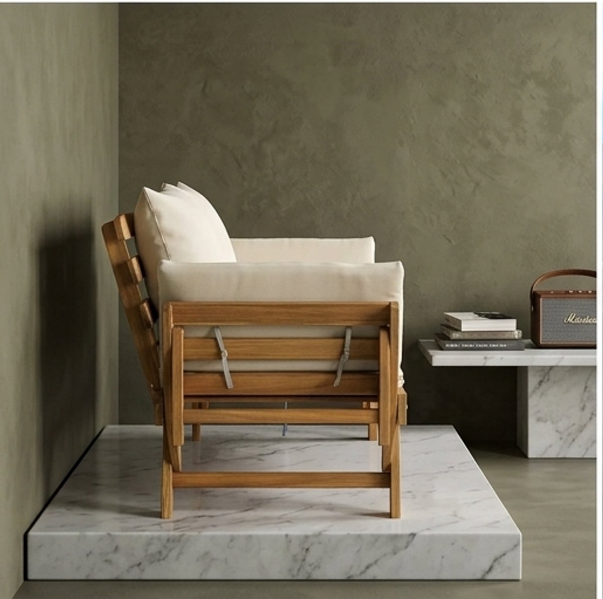 Luxe Uitklapbare Tuinligstoel & Slaapfauteuil – 2-Persoons, Verstelbare Armleuningen, Ergonomische Rugsteun, Acacia Houten Frame – Wit, Comfortabel & Duurzaam, 198x75x75 cm,A-Furniture