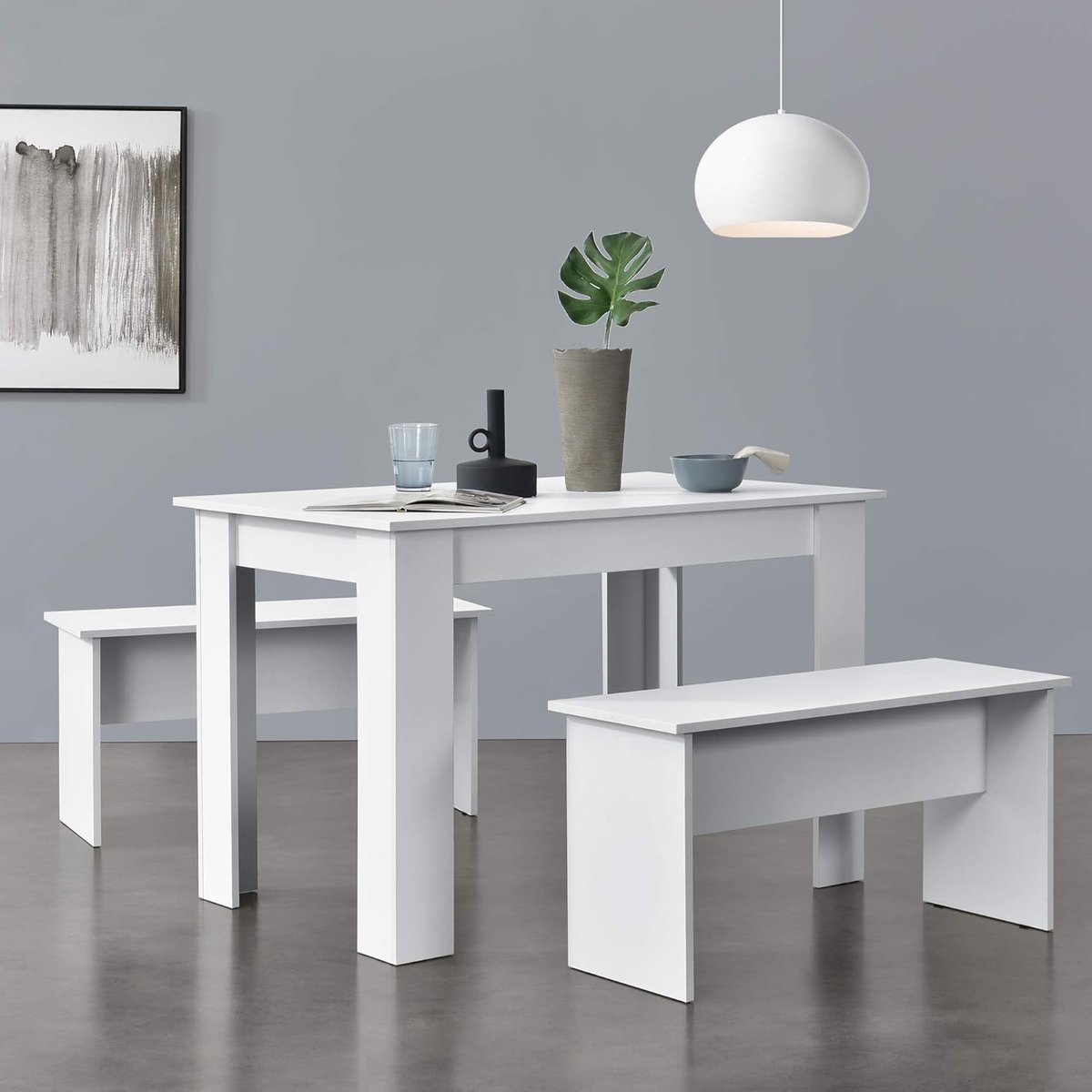 Eethoekset tafel 110x70x73 cm en 2 banken 86,5x33x43,5 cm wit
