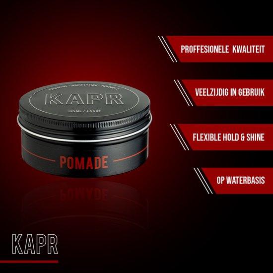 Zwart blikje KAPR Pomade op een rode achtergrond met tekstuele promoties.