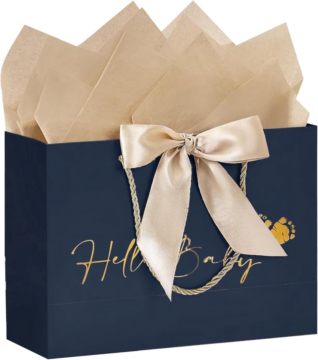 Chique geschenktasjes voor baby en kraamvisite - Marineblauw met gouden opdruk - 13x18 cm - Set van 6