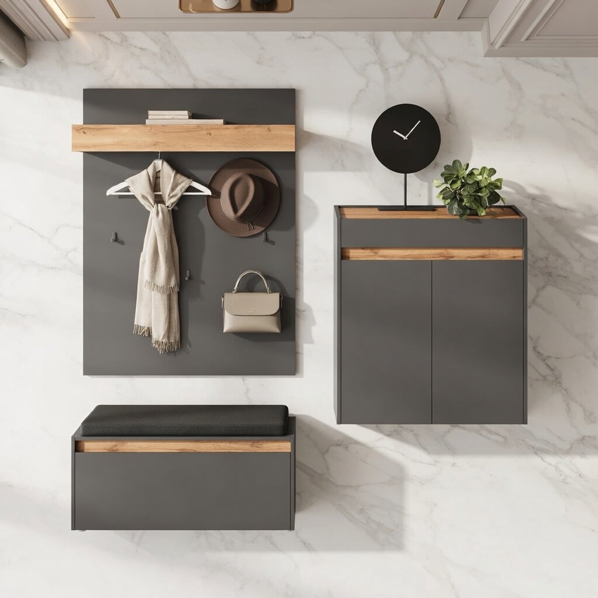 LuxeLomax 4-Delige Garderobeset Antraciet & Wotan Eiken 100 cm - Complete Halmeubelset met Schoenenbank, Spiegel, Kapstokpaneel & Opbergkast - Modern Design Merk: Casa Serena