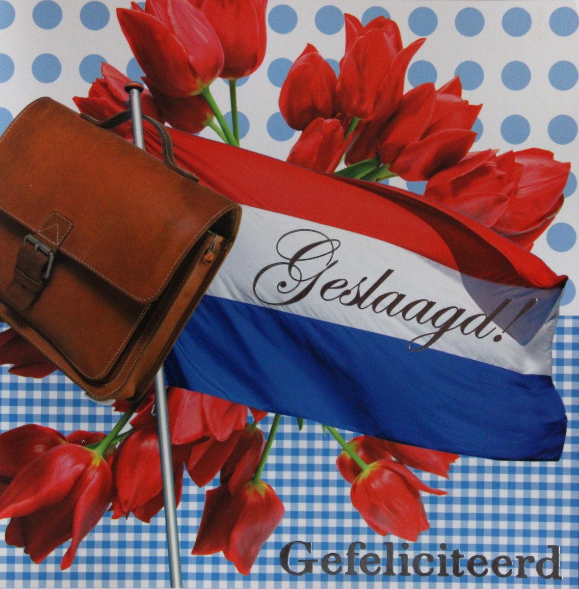 6 Luxe Geslaagd Wenskaarten - Kaart Wens Kaart Examen Geslaagd School Studie Opleiding - Schooltas Tulpen Vlag Gefeliciteerd - Vierkant 14x14cm Rood Wit Blauwe Envelop - Art of Cards - Gratis Verzonden - Hoge Afnamekortingen