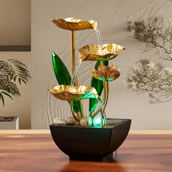 Fontaine De Table Fleur De Lotus Avec LED - Décoration D'intérieur Zen, Avec Galets - 11,5 X 17 Cm