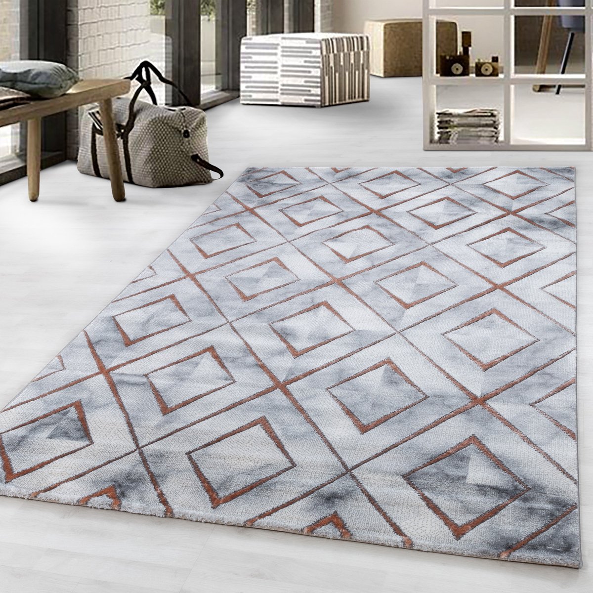 Laagpolig vloerkleed, marmerdesign, bronskleur, woonkamerkleed, jute achterkant, afmeting: 140 x 200 cm