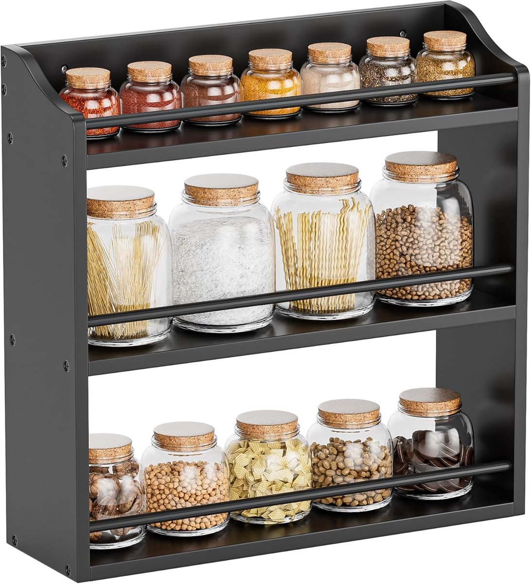 Famanu – 3-laags bamboe kruidenrek voor wand of aanrecht keuken organizer zwart