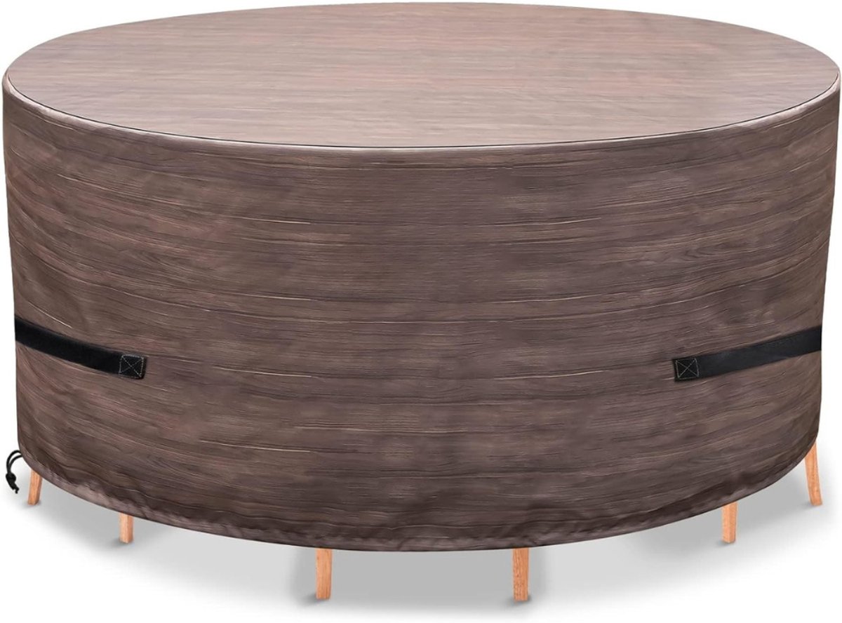 Famanu Tuinmeubelhoezen - 600D ronde terrastafelhoes - zwaar belastbare - waterdichte tuinmeubelhoes - geschikt voor ovale terrastafels (bruin - 182 cm DIA x 78 inch H)
