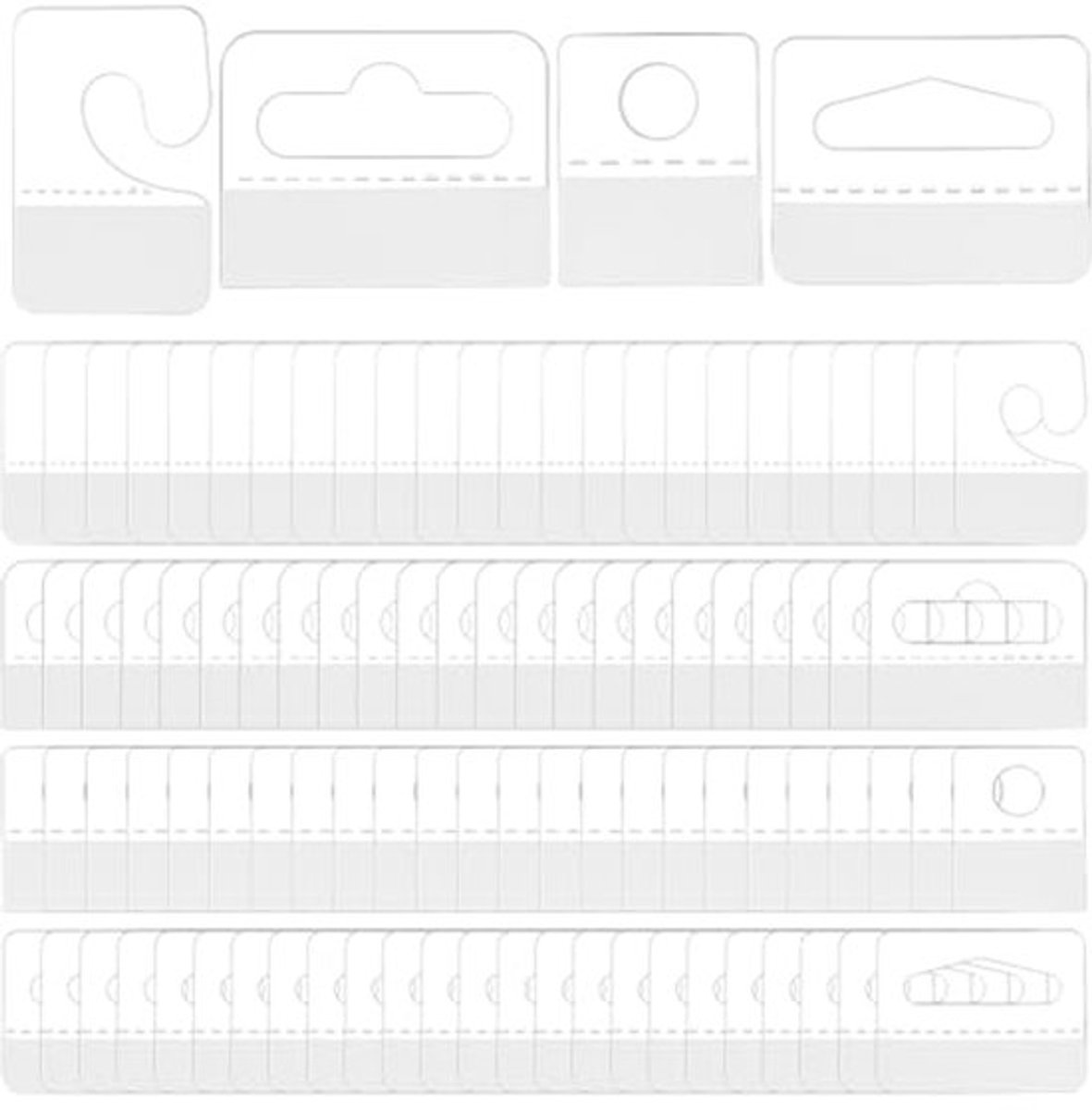 600st J-Hooks Zelfklevende Hang Tags - 4 Formaten, Duidelijk Plastic