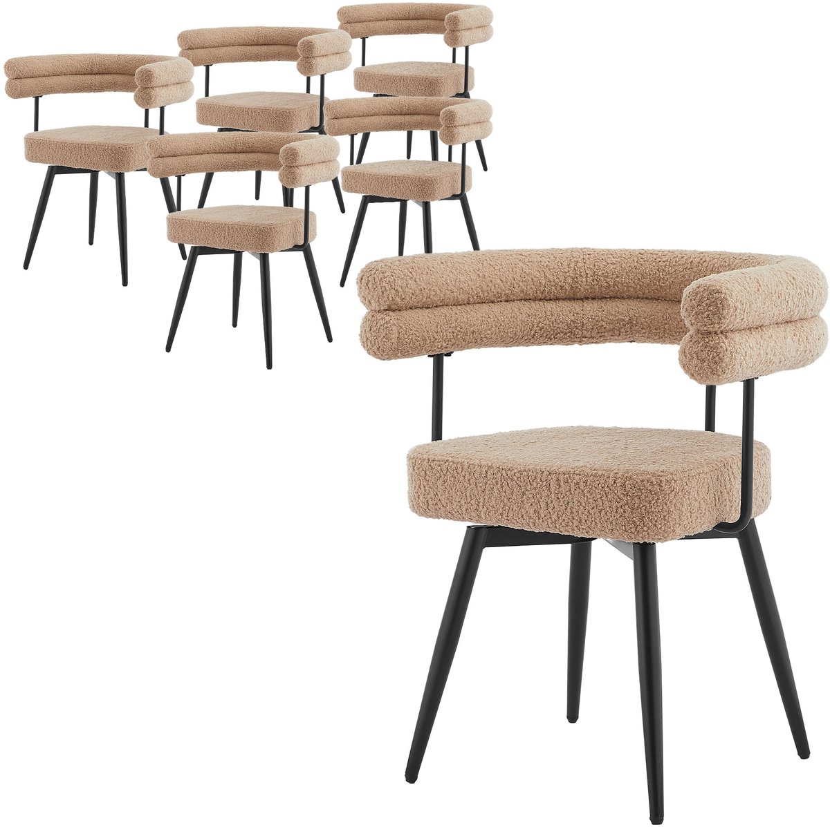 ml-design 6-delige stoelenset draaibare eetkamerstoelen bruin teddystof met armleuningen en rugleuning 360° draaistoel ergonomische gestoffeerde stoelen metalen poten comfortabele lounge keukenstoelen moderne eetkamerstoelen