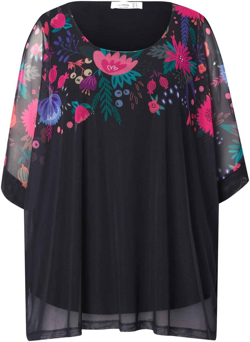MIAMODA - Dames - Blouse oversized bloemenrand ondoorzichtige top - Zwart - Maat 50+