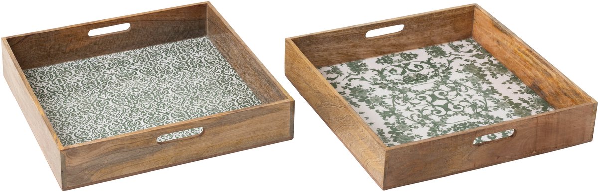 J-Line plateau Vierkant - hout - groen/wit - set van 2