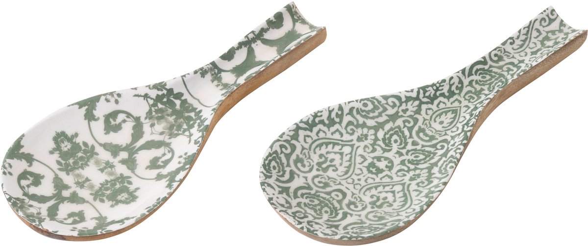 J-Line lepelhouder - hout - groen/wit - set van 2