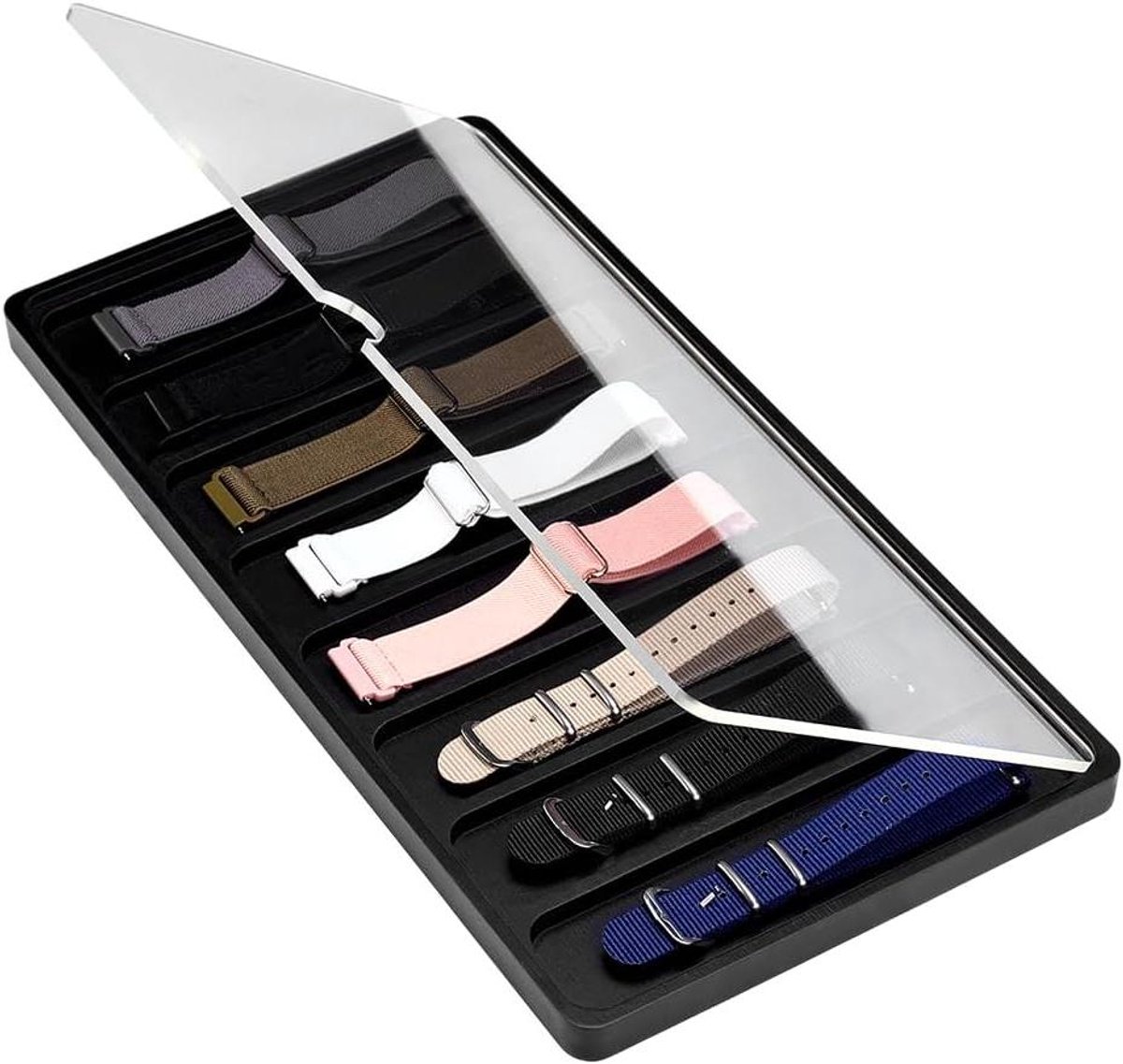 Allecto - Horlogebandhouder - Organizer van hout - Zwarte horlogeband - Opbergdoos - Breedte 4 cm - Met deksel - Voor dames en heren - Zwart model - Geschikt voor thuisopslag en winkelvitrine - Horlogebandhouder met deksel.