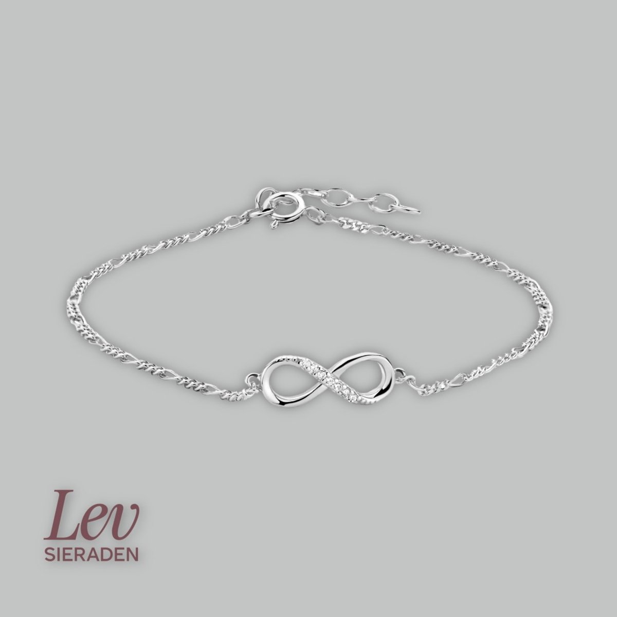 Lev Sieraden - Armbandje - Figaro Infinity ∞ - Zirkonia - Zilver - 41 + 4 cm - 1.6mm - Gerhodineerd 925 zilver