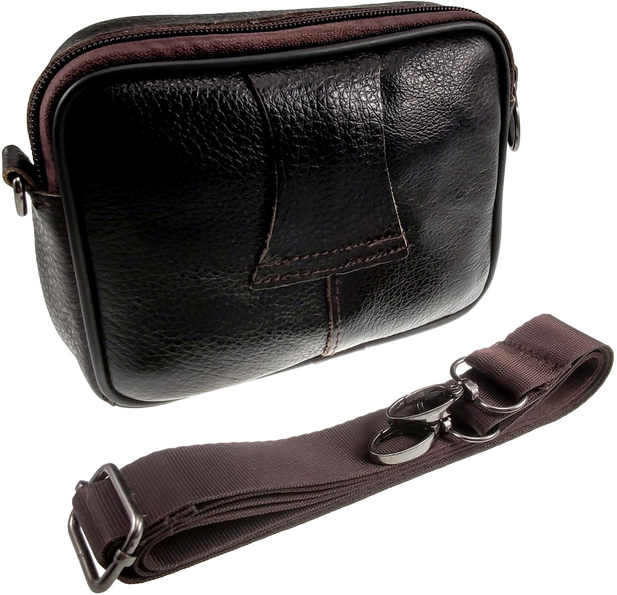 Mini Leren Tas met Vier Compartimenten, Compacte Crossbodytas, Donkerbruine Leren Tas, Unisex - Riemtas - 16x12x5 cm