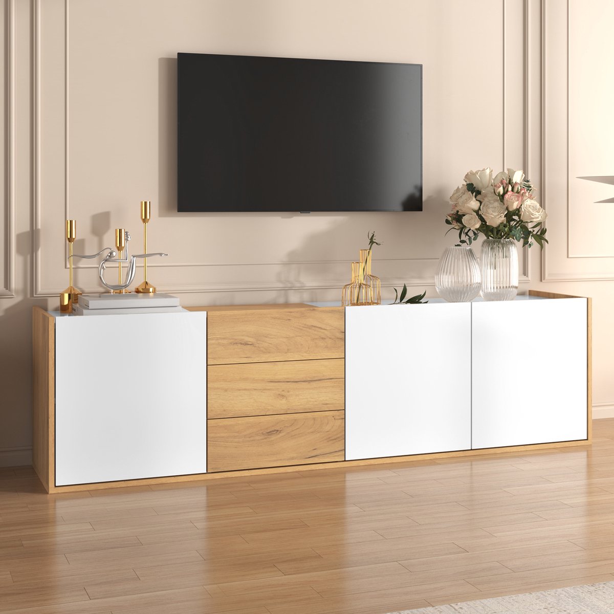 HAUSS SPOLE Tv Meubel - Met 3 Deuren En 3 Lades - Vrijstaand Of Wandmontage - Mdf - Wit En Houtkleur - 171,5x35x47 Cm