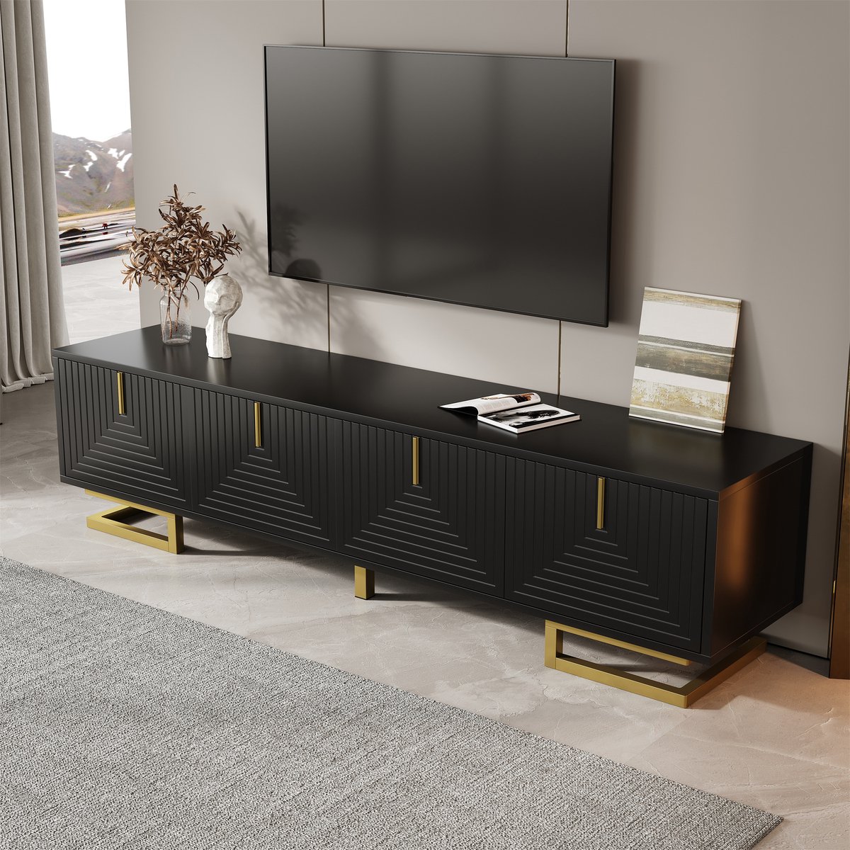 HAUSS SPOLE Tv Meubel - Dressoir Met Reliëf Deuren En 4 Opbergvakken - Modern Voor Woonkamer - Spaanplaat - Zwart - 160x38x44,5 Cm