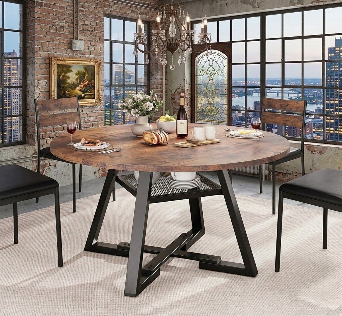 Rondello Industriële Ronde Eettafel met Open Opbergvakken Ø120 cm – Vintage Houtlook & Zwart Metaal – 4 tot 6 personen – Industriële Keukentafel / Eetkamertafel – Casa Serena – 120 cm – Casa Dorada
