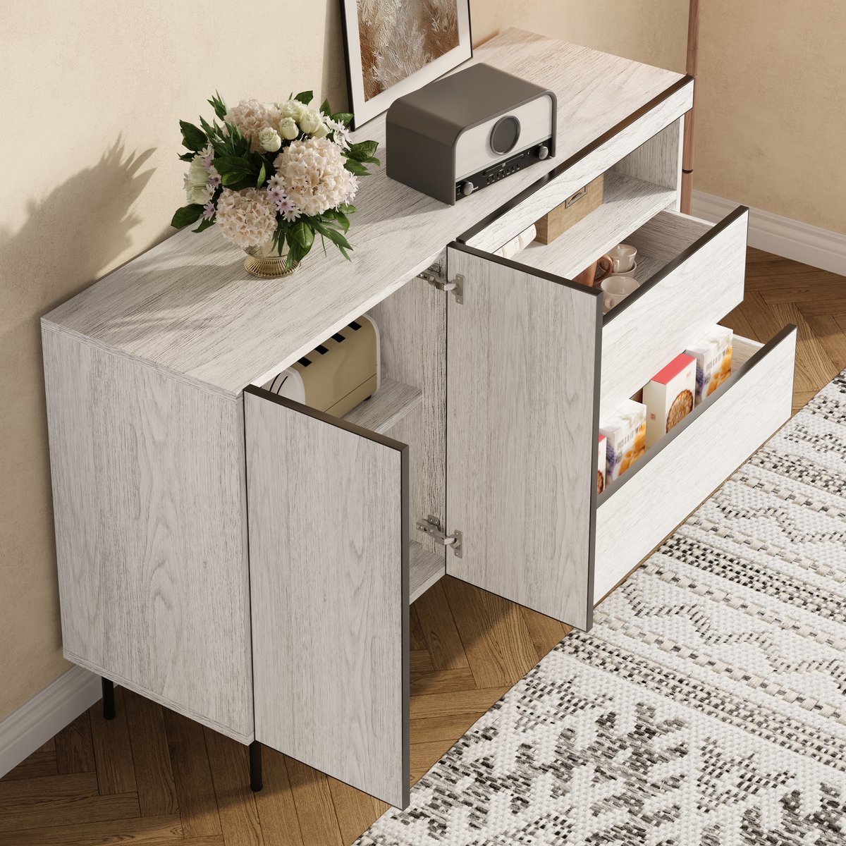 Moderne dressoir - dubbele deuren - twee lades - open planken - multifunctionele opbergkast voor woonkamer en eetkamer - wit