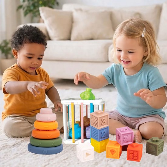 CasaBliss® Montessori Speelgoed 3-in-1 - Kinderspeelgoed- Stapelblokken, Vormenstoof & Bijtring - Baby Speelgoed 18+ Maanden - Peuter Speelgoed - Vakantie - Inclusief Opbergdoos van CasaBliss — afbeelding 2