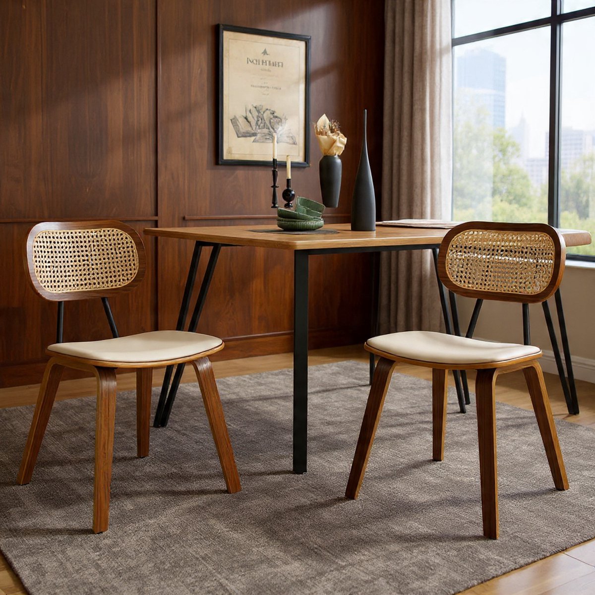 Rotan Eetkamerstoelen, set van 2, keukenstoelen met houten poten, rotan stoel, zitting van Kunstempteer, gestoffeerde stoel voor eetkamer, beige-Casa Serena – Afmetingen op aanvraag – Casa Dorada