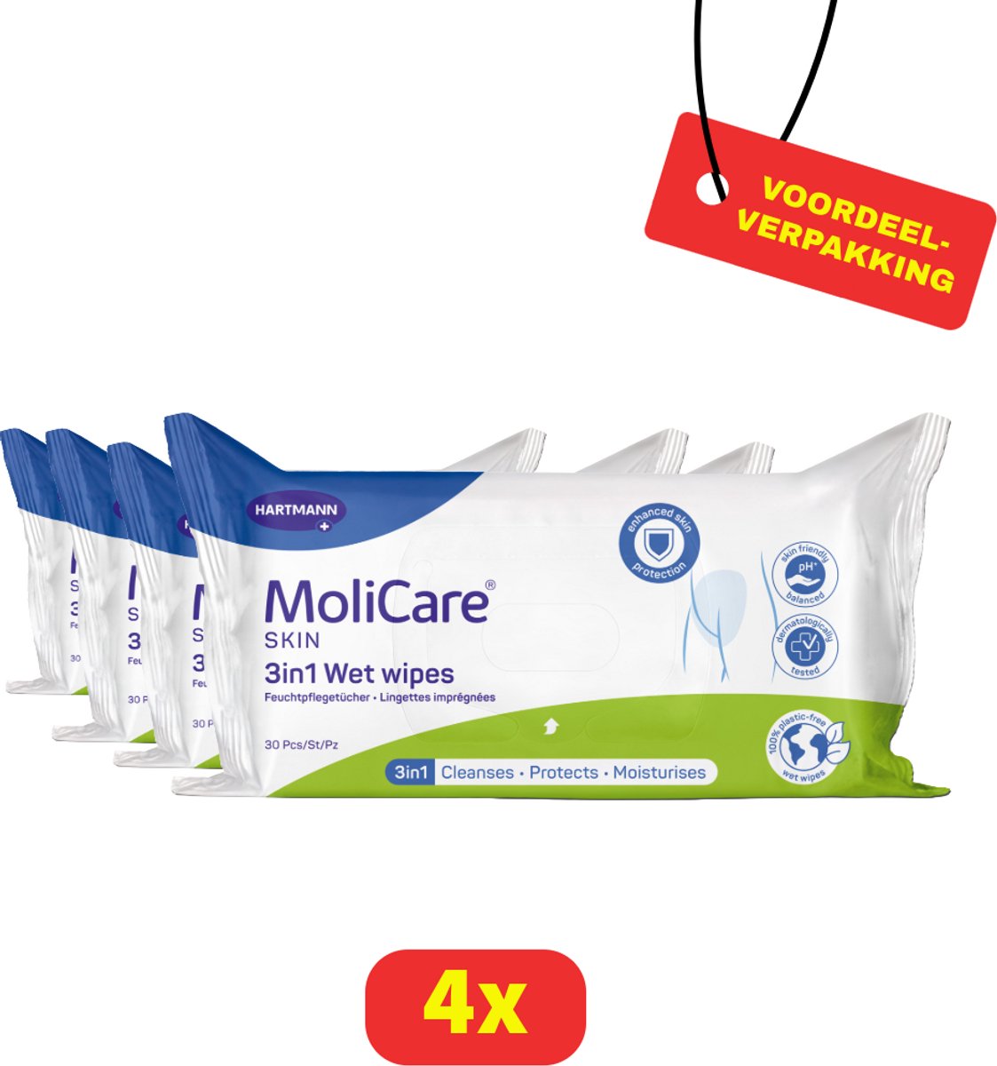 4x - MoliCare® Skin 3in1 Vochtige verzorgingsdoekjes- 4x 30 stuks - Voordeelverpakking