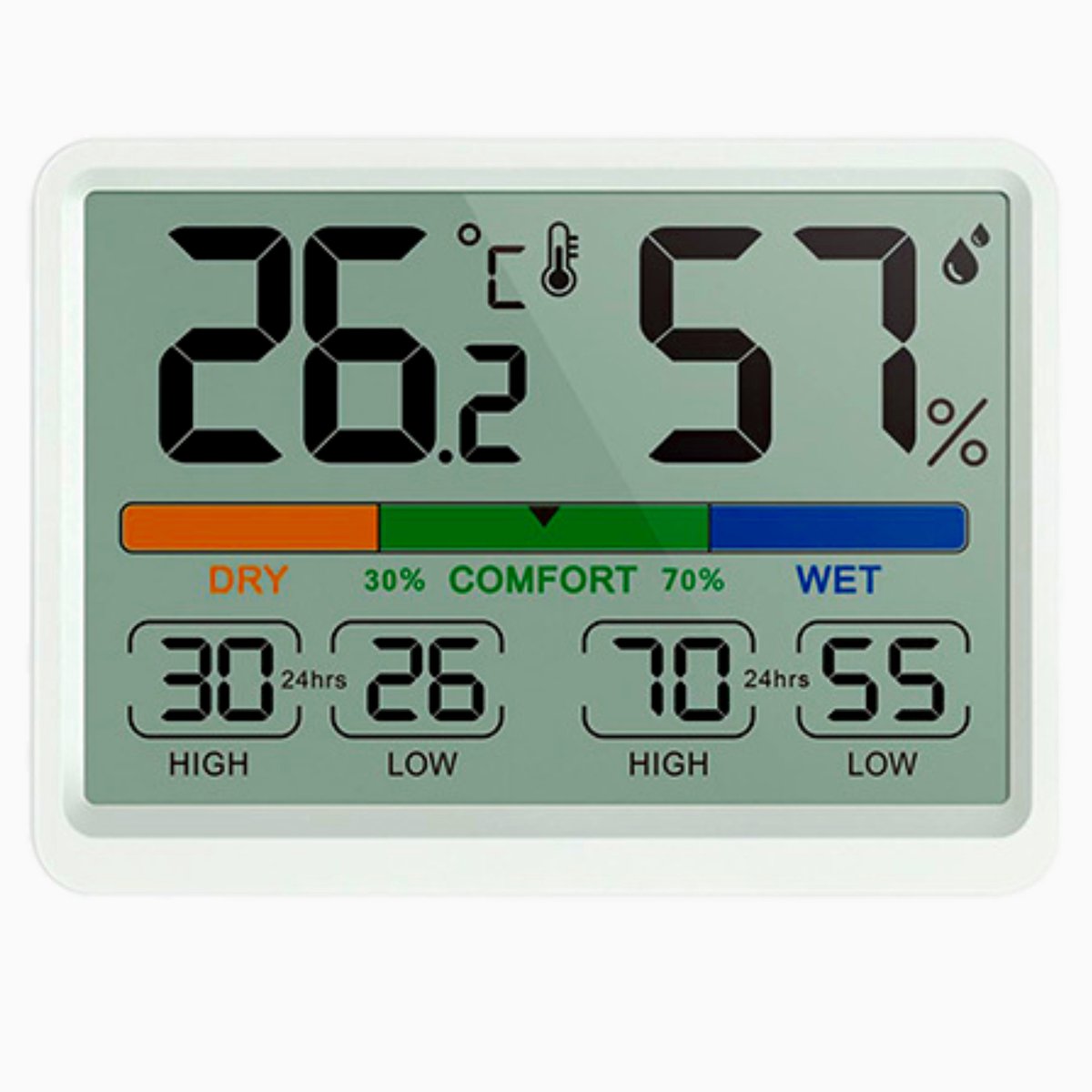 YUCONN Hygrometer - Weerstation - Luchtvochtigheidsmeter - Thermometer Voor Binnen - 24 uurs gemiddelde - Incl. Batterij en Magneetstrip