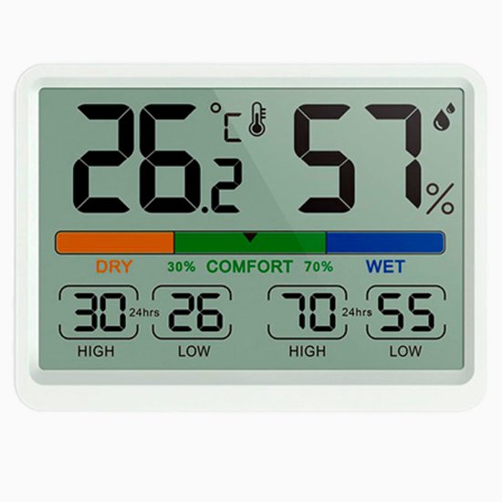 Digitale hygrometer met display van 26.2°C en 57% luchtvochtigheid, met comfortindicatie, 24-uurs gemiddelden en indicatoren voor droog, comfortabel en nat.