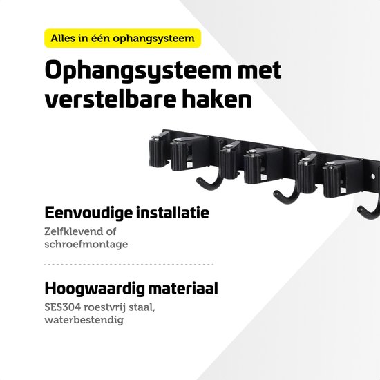 Garpex® Bezemhouder - Bezem Ophangsysteem Tuingereedschap - 5 Houders 6 Haken - 304 RVS - Gereedschapshouder - 3M Tape - Zwart van Garpex — afbeelding 4