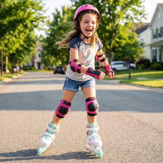 Meisje in roze beschermende uitrusting rolschaatst op straat in mintgroene en roze skeelers.