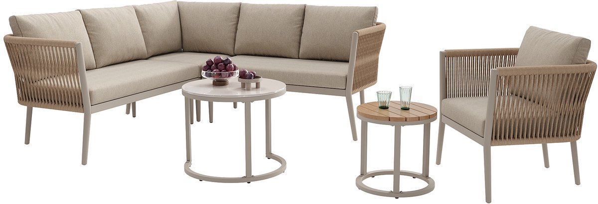 Sweiko Tuinset - Hoekbank - Fauteuil - 2 salontafels - Modulaire set - PE-rotan - Kaki
