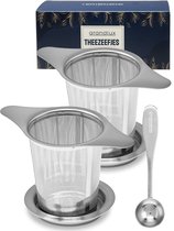 Twee roestvrijstalen theezeefjes met lekplaatjes en een lepeltje, met de Grandlux verpakking op de achtergrond.