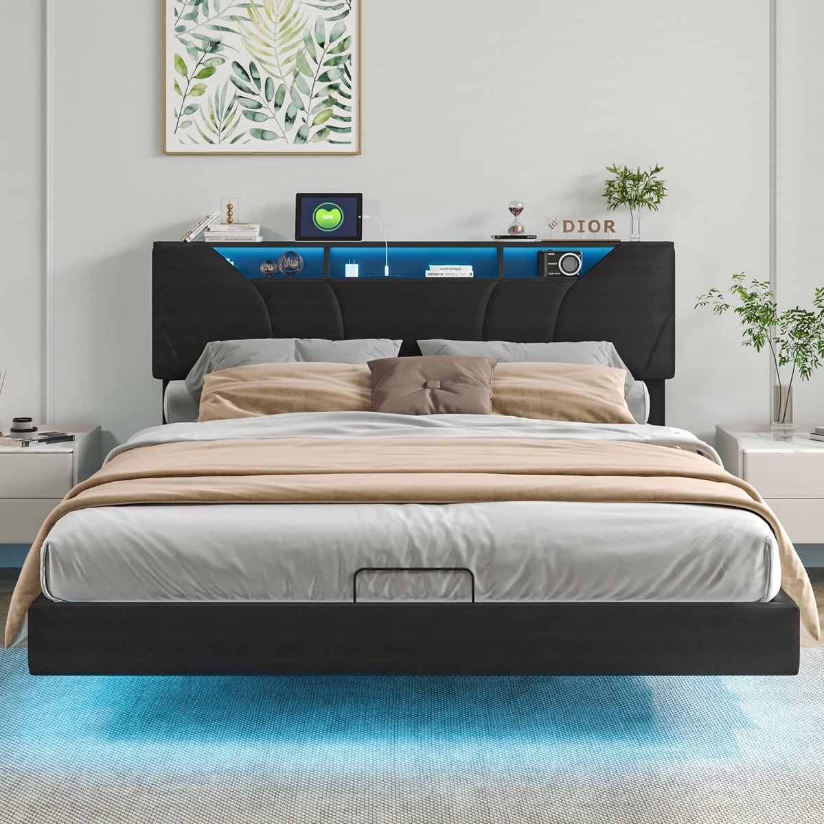 Tweepersoonsbed 140x200 met Hydraulische Opbergruimte en Verstelbaar Hoofdeinde met LED en