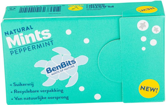 Turquoise BenBits Peppermint verpakking met schildpad logo, 'NEW!' sticker en tekst.